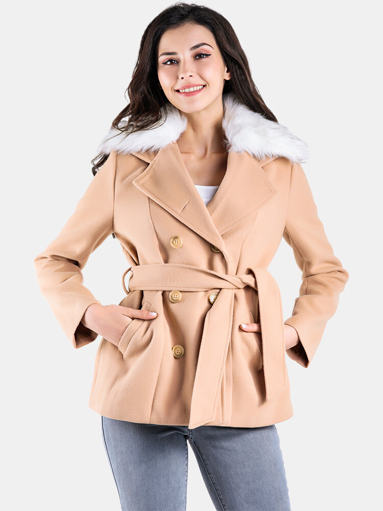 Women Causal Fur Collar Long Sleeve Coats Jackets With Belt