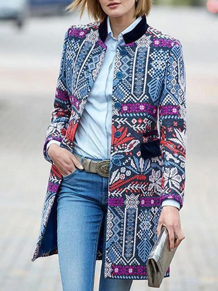 Women Vintage Printed Folk Style Long Sleeve Coats