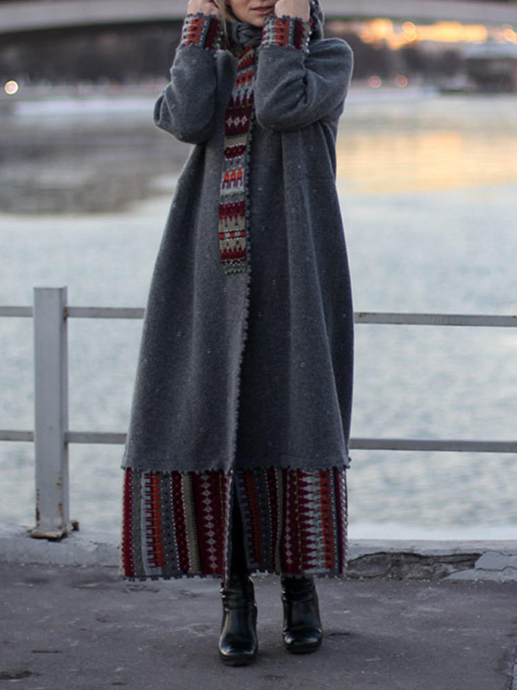 Ethnic Print Patchwork Long Sleeve Maxi Coats