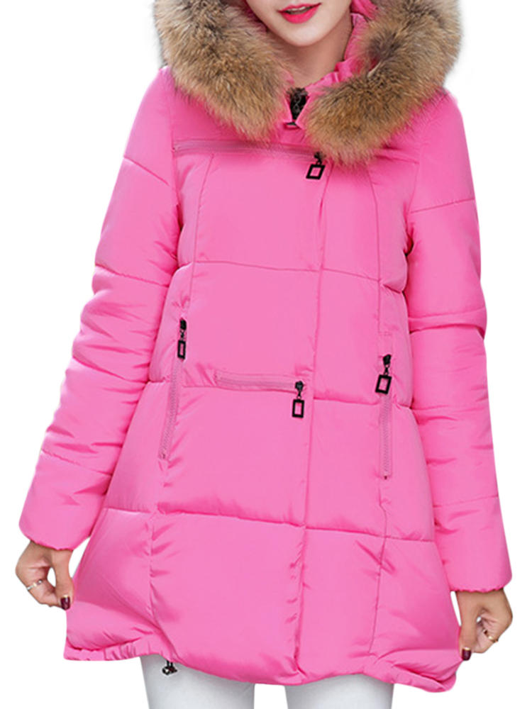 Pure Color Faux Fur Hooded Women Down Coats