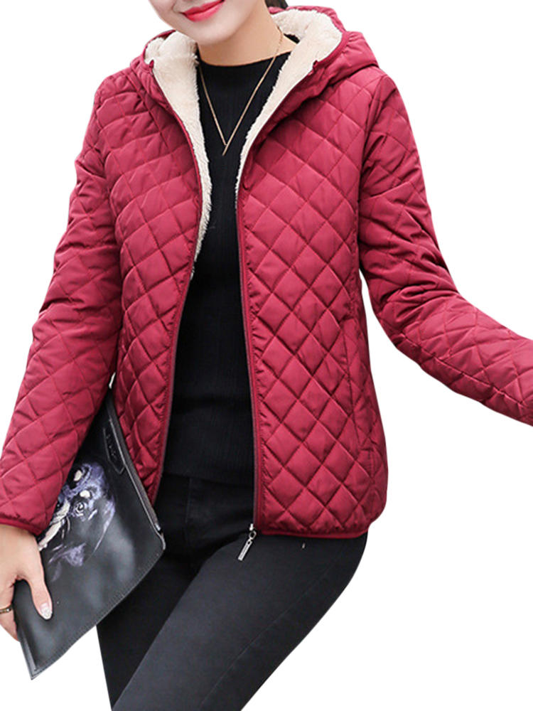 Casual Solid Thick Fleece Hooded Women Short Coats