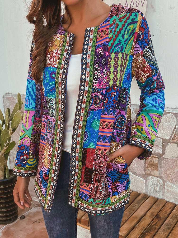 Women Vintage Folk Style Printed Long Sleeve Coats