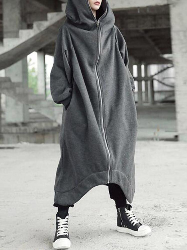 Hooded Long Coats Zipper Asymmetric Jackets