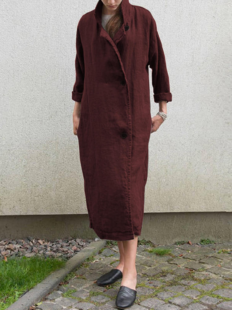 Pure Color Button Side Pocket Long Sleeve Maxi Jacket