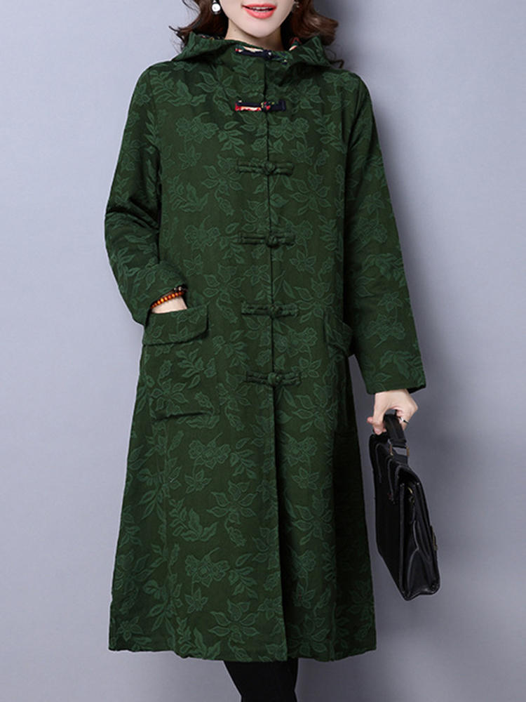 Vintage Women Hooded Printed Long Sleeve Single Breasted Coat