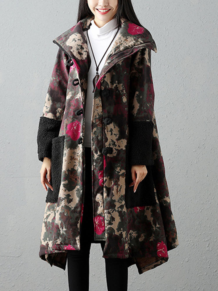 Vintage Women Printed Patchwork Pocket Velvet Long Sleeve Coat