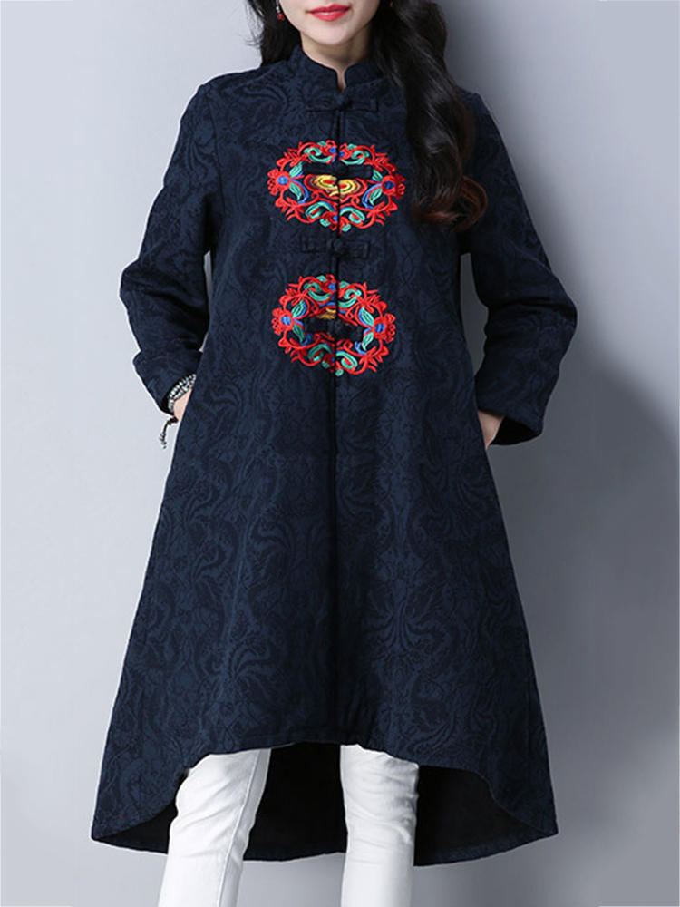 Ethnic Women Long Sleeve Embroidered Jacquard Dip Hem Trench Coat