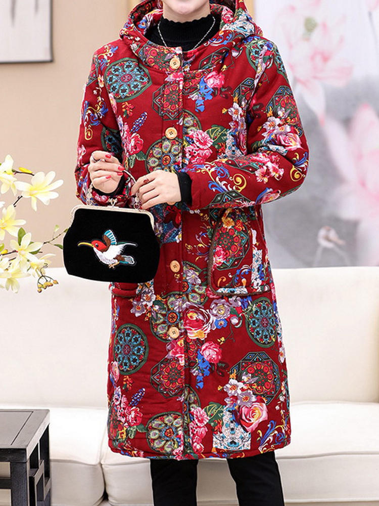 Floral Print Buttons Long Sleeve Hooded Coats