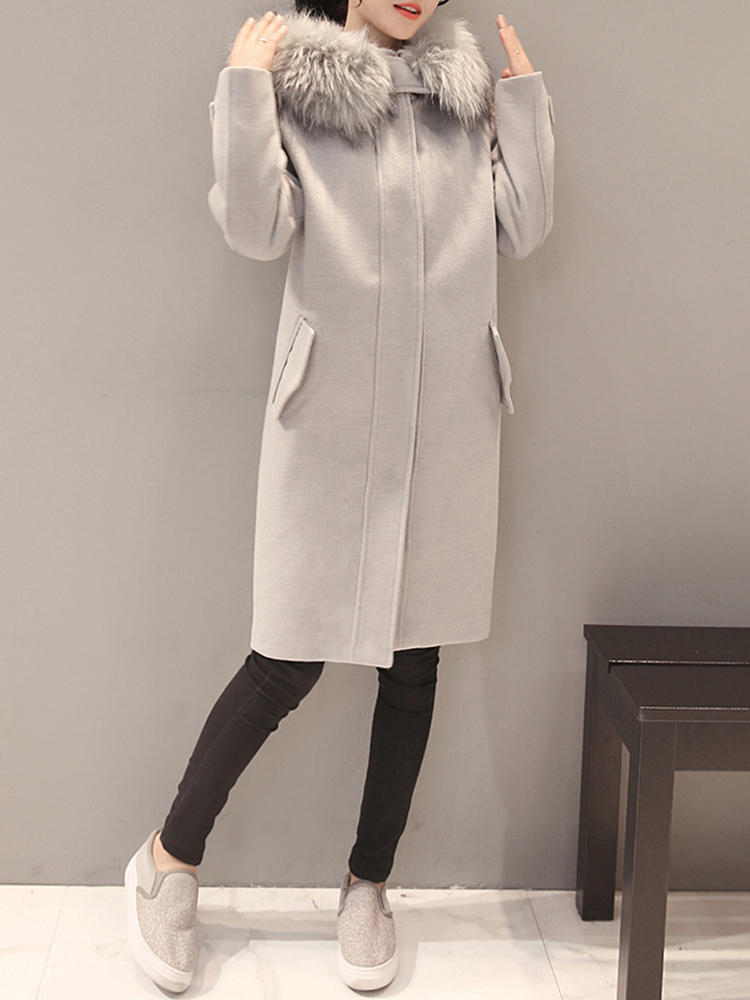 Elegant Women Faux Fur Hooded Thicken Woolen Coats