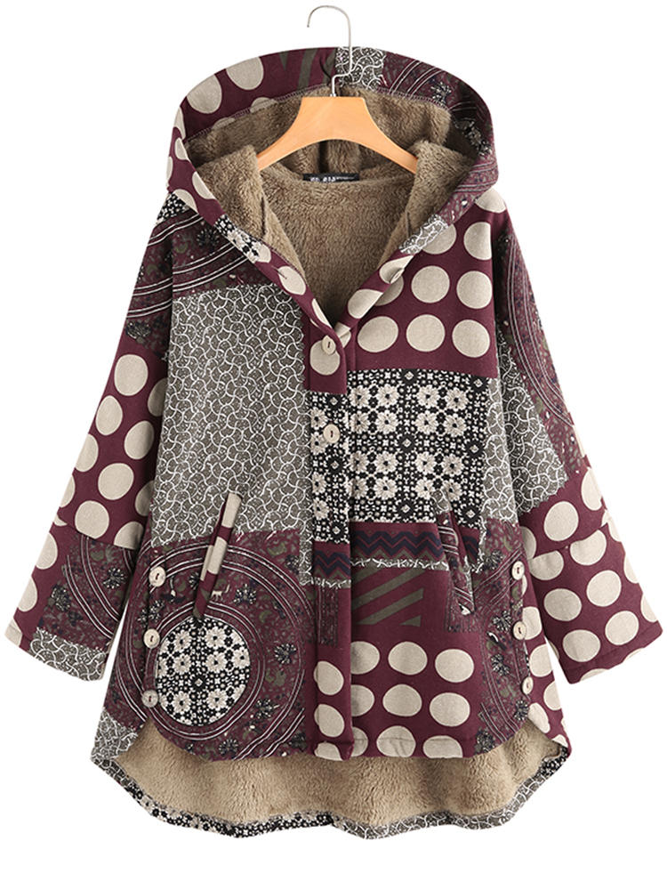 Vintage Women Printed Hooded Button Coats with Pockets