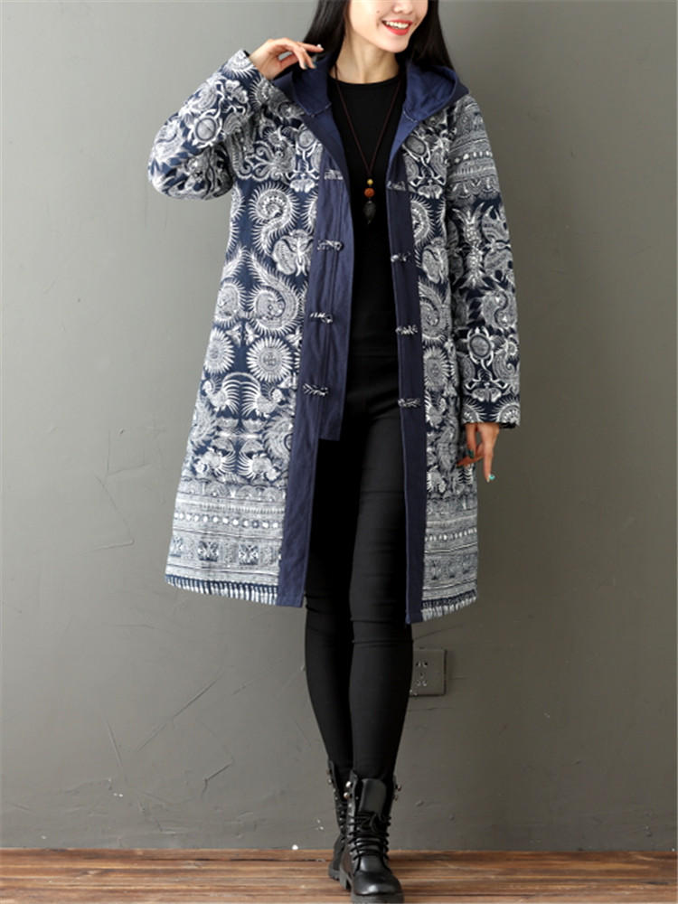 Vintage Printed Thicken Women Hooded Coat