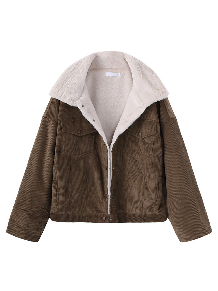 Women Pure Color Thicken Warm Corduroy Short Coat