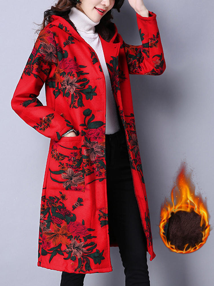 Folk Style Women Hooded Long Sleeve Floral Printed Velvet Warm Coat