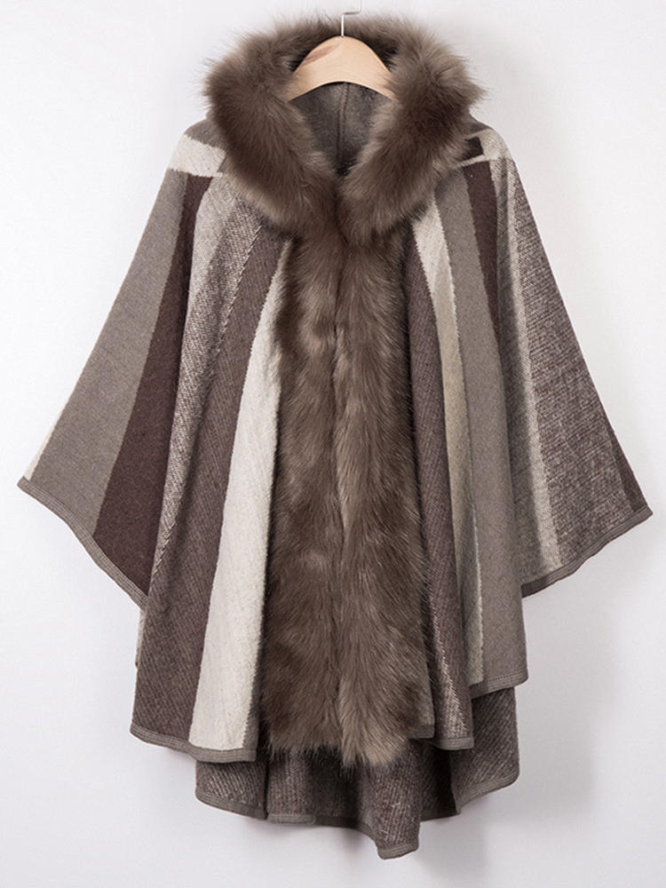 Elegant Fur Collar Striped Bat Winter Warm Cloak Coats