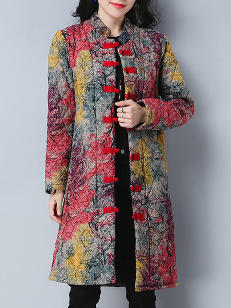 Vintage Women Printed Long Sleeve Stand Collar Winter Coat