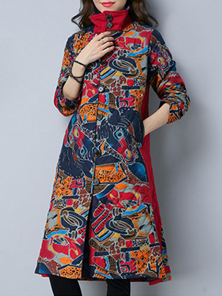 Vintage Women Printed High Collar Long Sleeve Coats