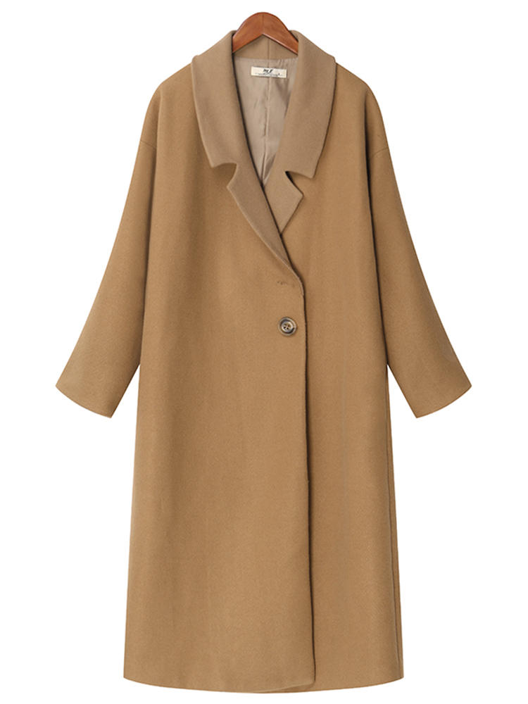 Elegant Women Lapel Long Sleeve Solid Color Button Long Coat