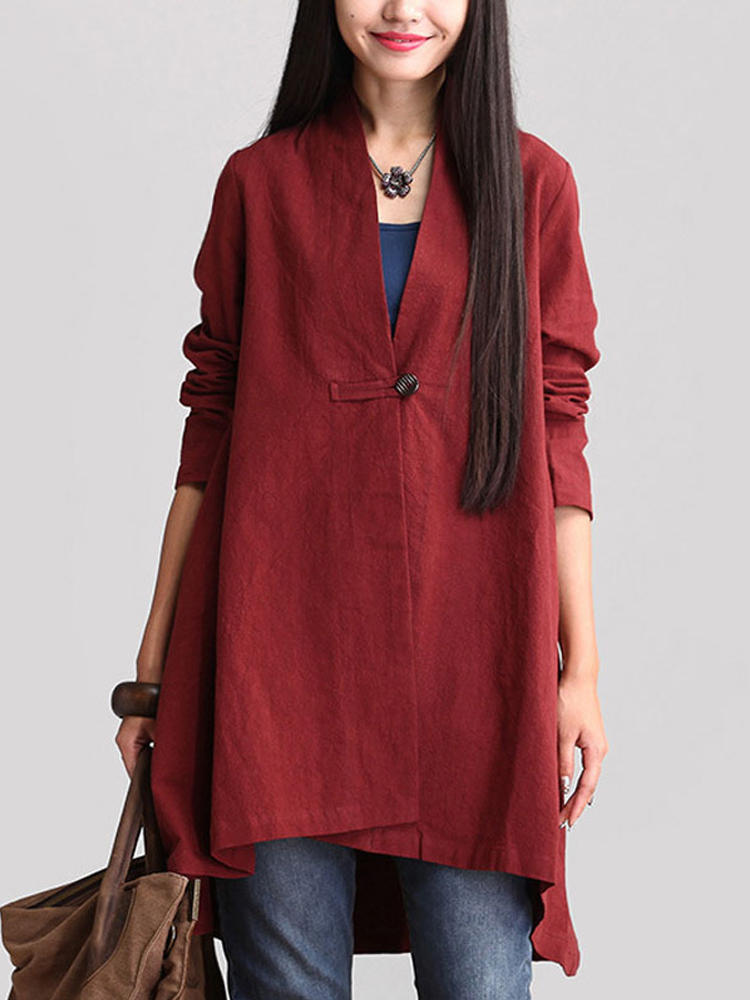 Women Long Sleeve Solid Loose Asymmetric Hem Coat