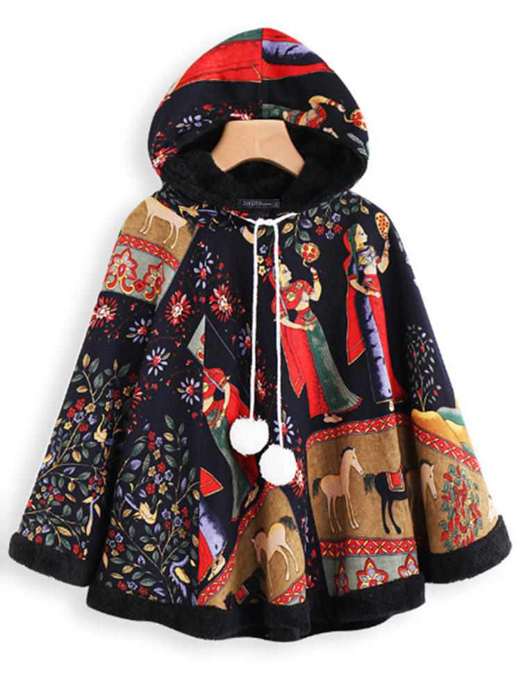 Retro Women Loose Ethnic Print Long Sleeve Hooded Coats