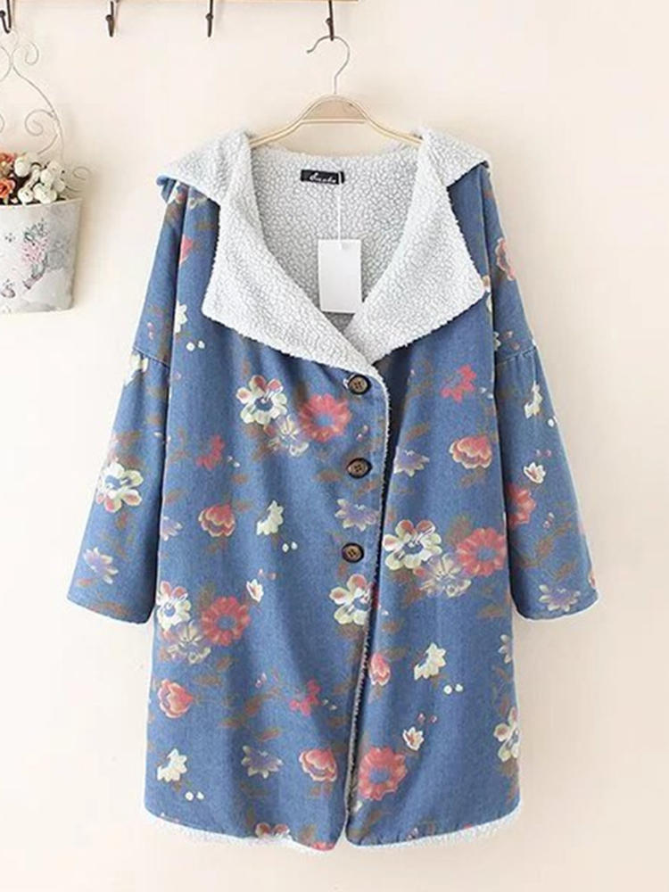 Floral Printing Warm Woolen Hooded Denim Coats for Women