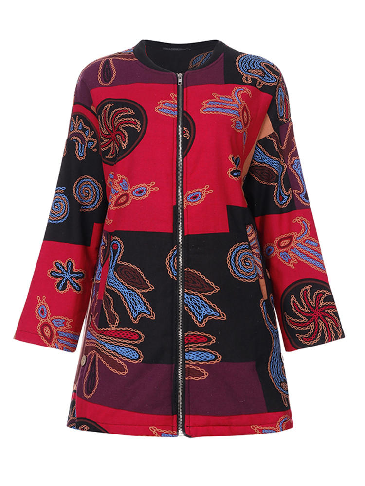 Women Long Sleeve Floral Print Zipper Side Button Coats