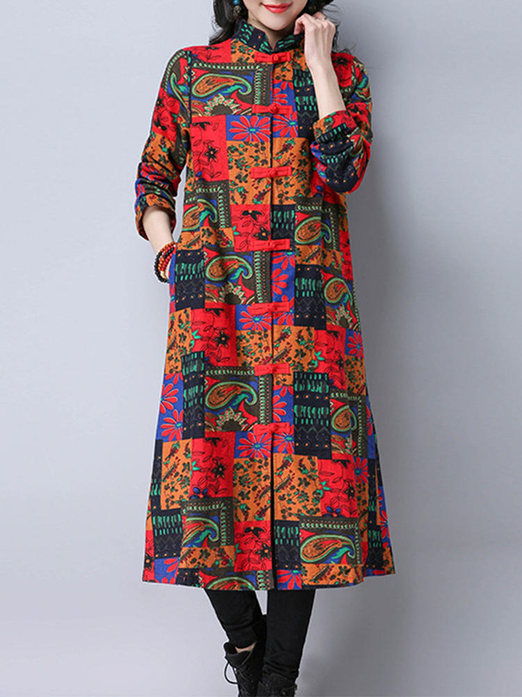 Folk Style Women Long Sleeve Printed Buttons Long Coat