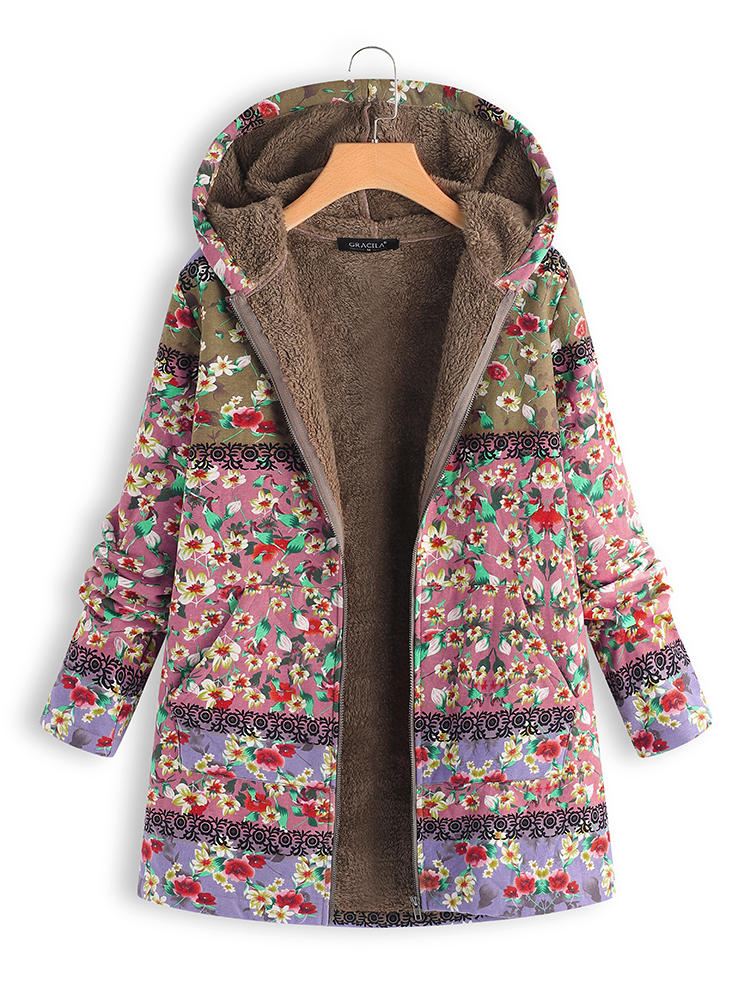 Women Winter Patchwork Floral Printed Hooded Coats