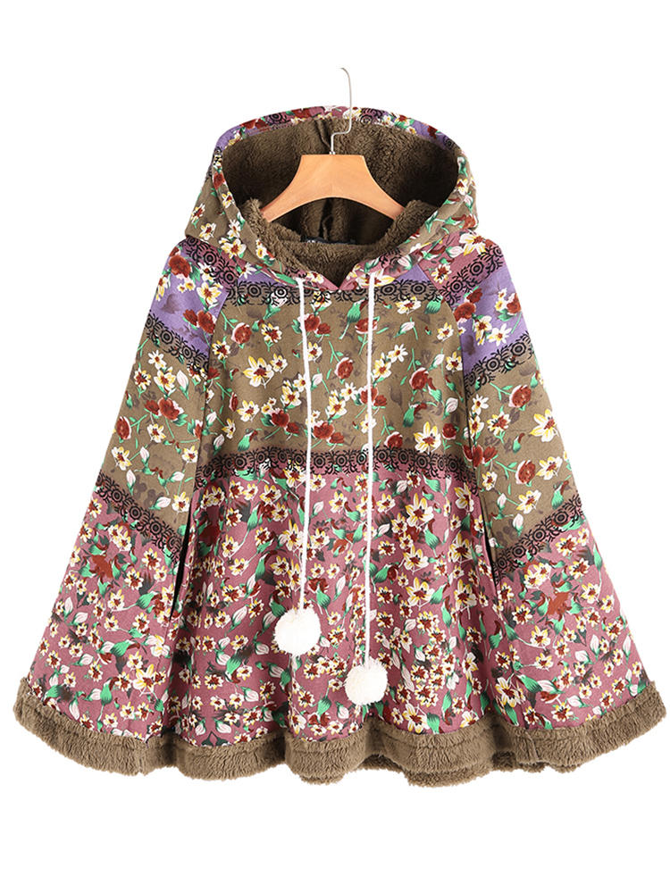 Vintage Women Floral Print Loose Long Sleeve Hoodie Coats