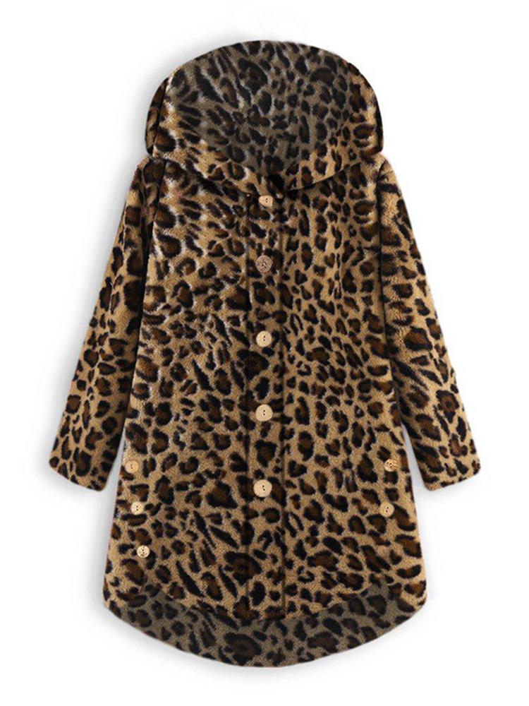 Women Leopard Print Button Down Hooded Coats