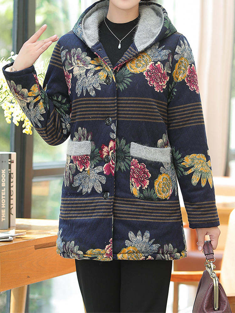 Women Floral Print Patchwork Button Long Sleeve Hooded Coats