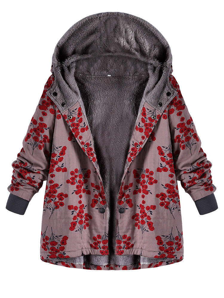 Women Floral Print Fleece Thicken Hooded Coats