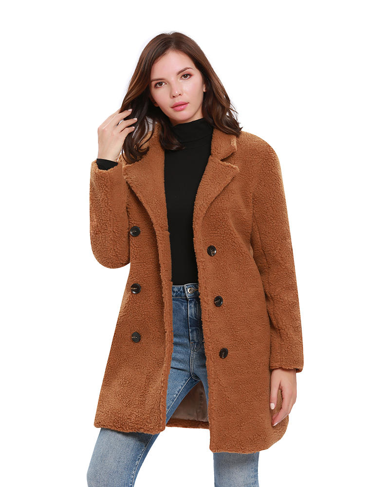 Women Fleece Solid Color Button Coats with Pockets