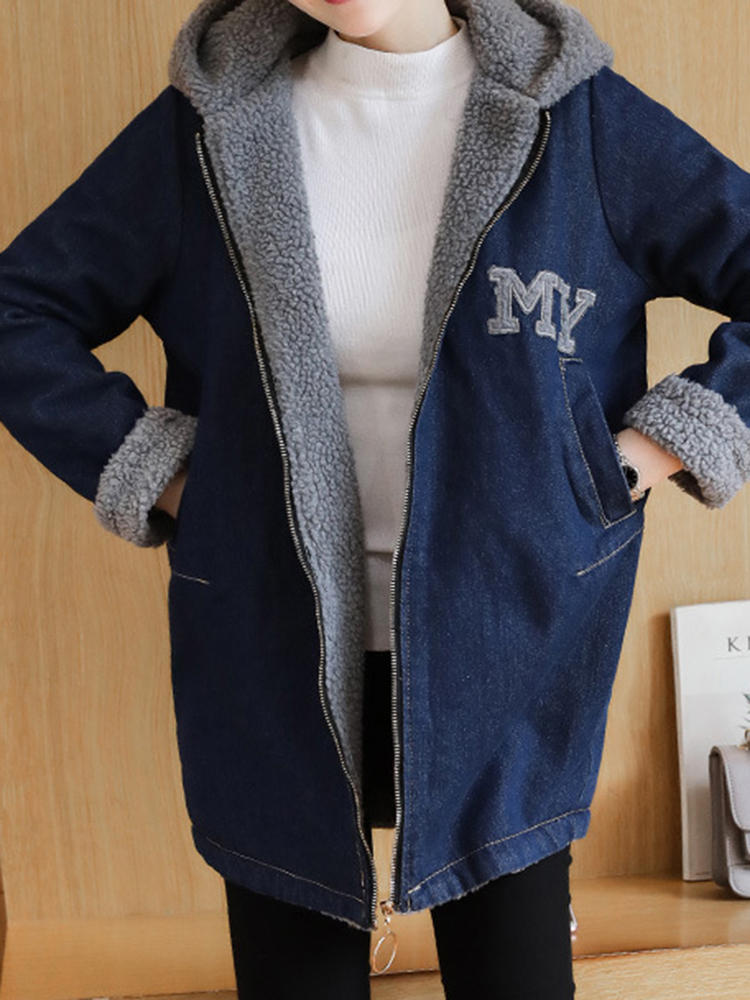 Casual Women Loose Fleece Zipper Denim Hooded Coats