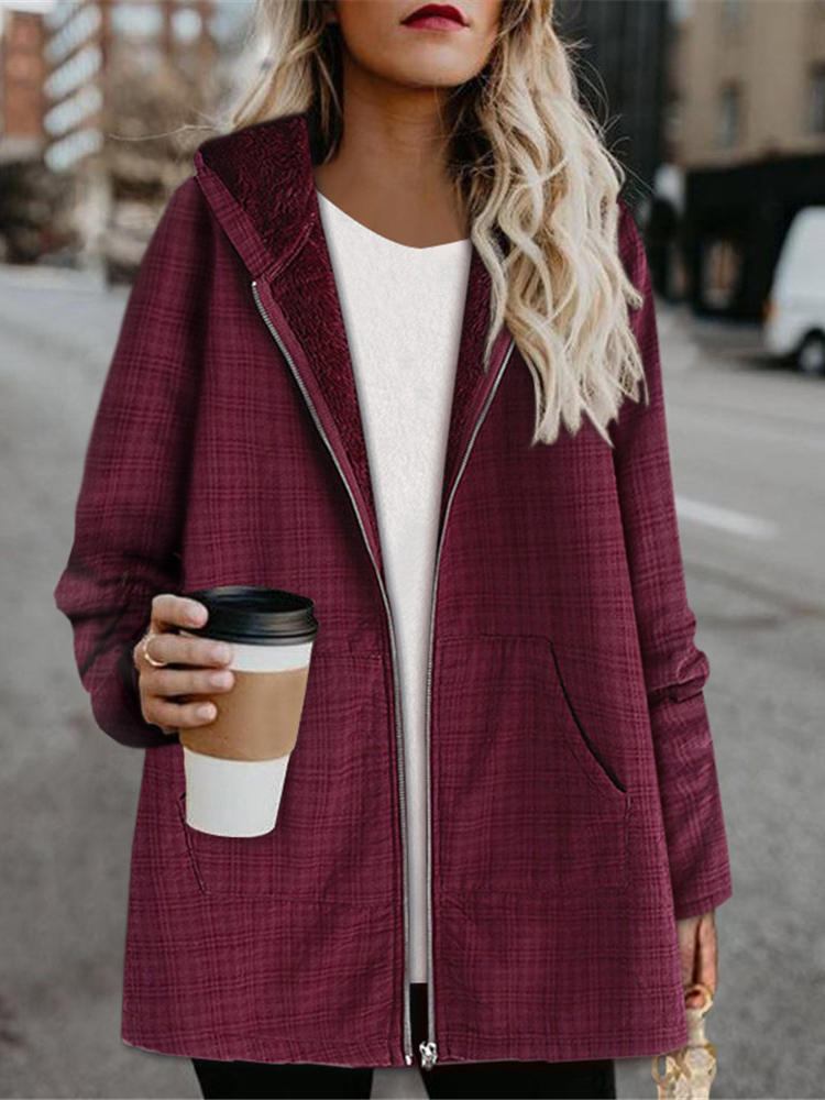 Women Fleece Long Sleeve Plaid Casual Coats