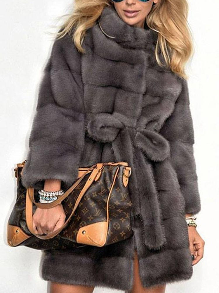 Chic Faux Fur Stand Collar Long Sleeve Belt Fleece Coats