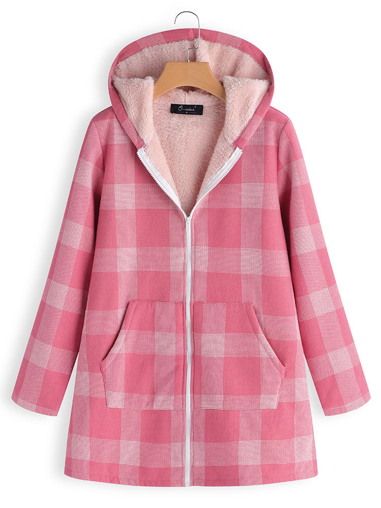 Casual Women Plaid Print Pockets Zipper Hooded Coats