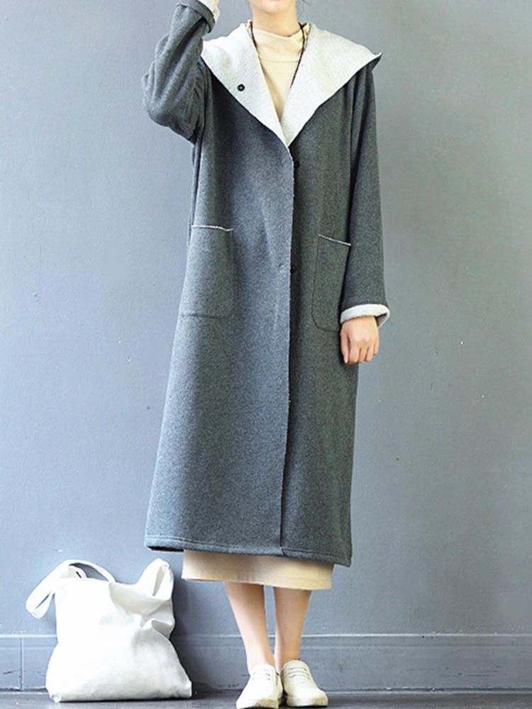 M-5XL Women Button Long Hooded Coat