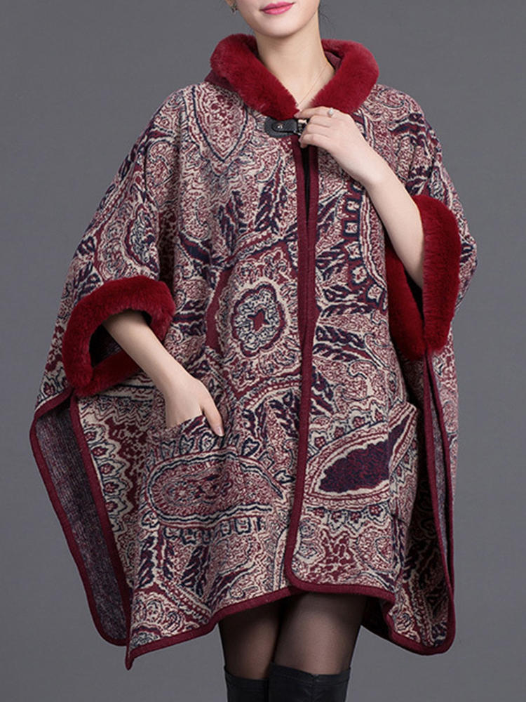 Women Cloak Shawl Hooded Print Batwing Sleeve Cardigan Coats