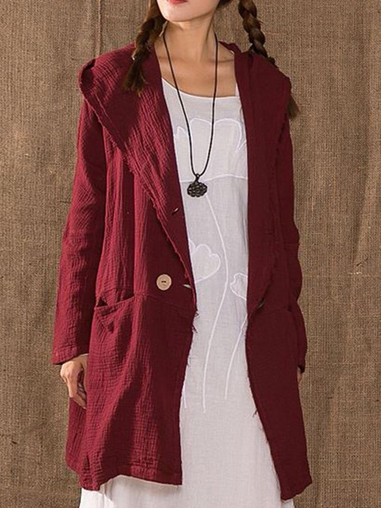 Vintage Long Sleeve Linen Cotton Hooded Coats