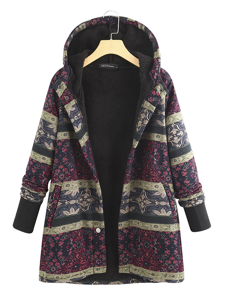 Women Long Sleeve Hooded Ethnic Floral Print Coats