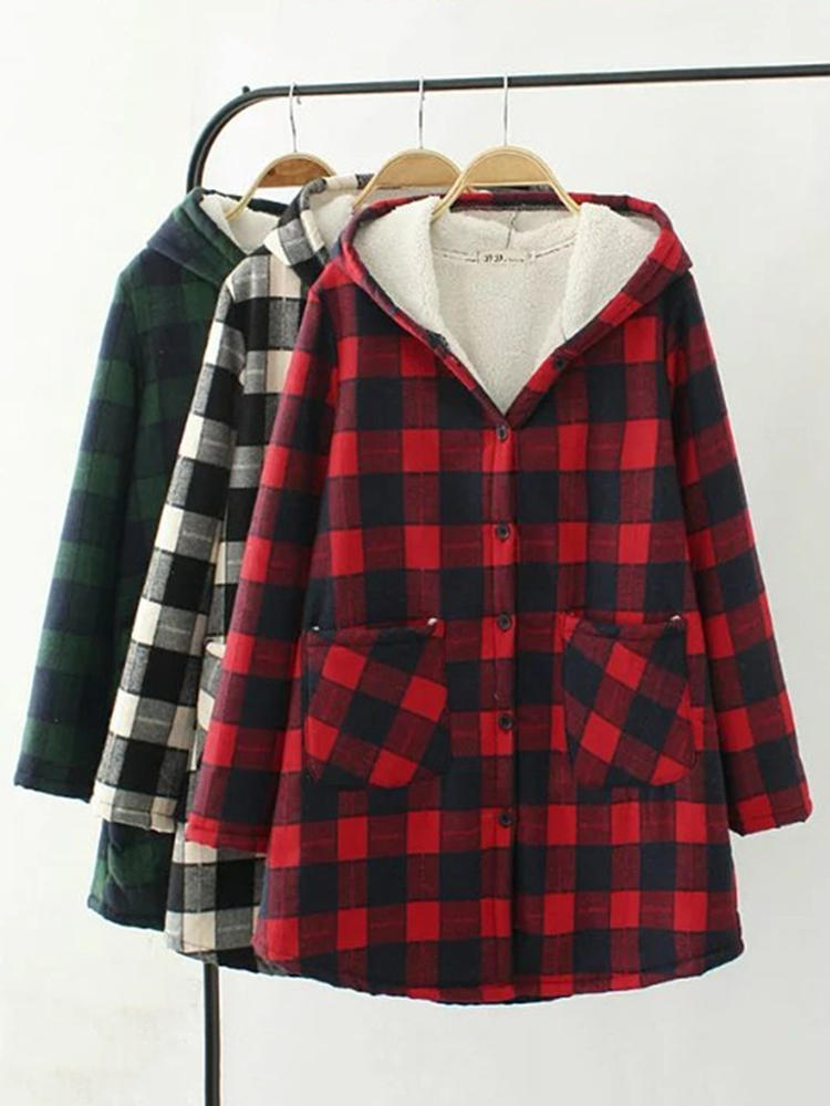 Women Button Hooded Plaid Coat