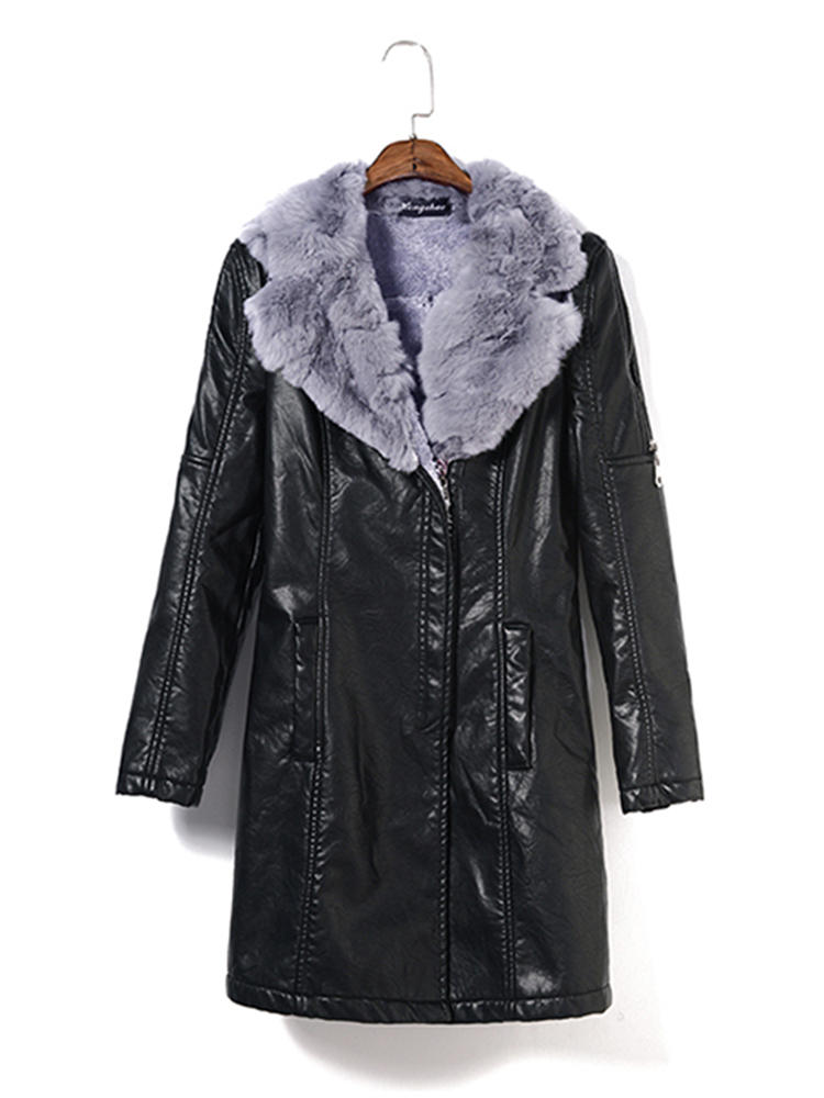 PU Leather Plus Velvet Thick Fur Collar Coats