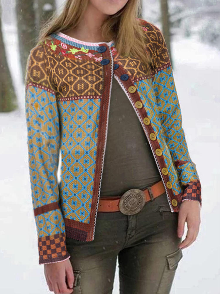 Ethnic Print Patchwork Long Sleeve Cardigans For Women