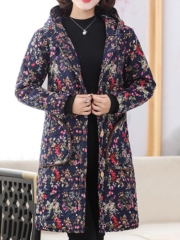 Vintage Women Floral Print Pocket Button Hooded Coats