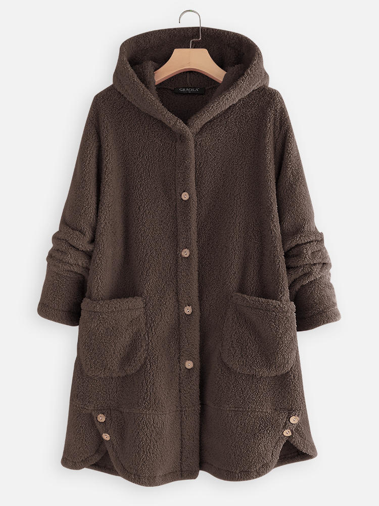 Casual Button Fleece Pockets Hooded Coats