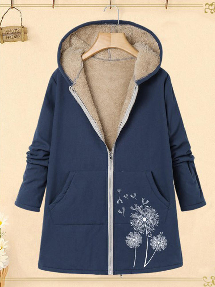 Women Long Sleeve Hooded Fleece Print Coats