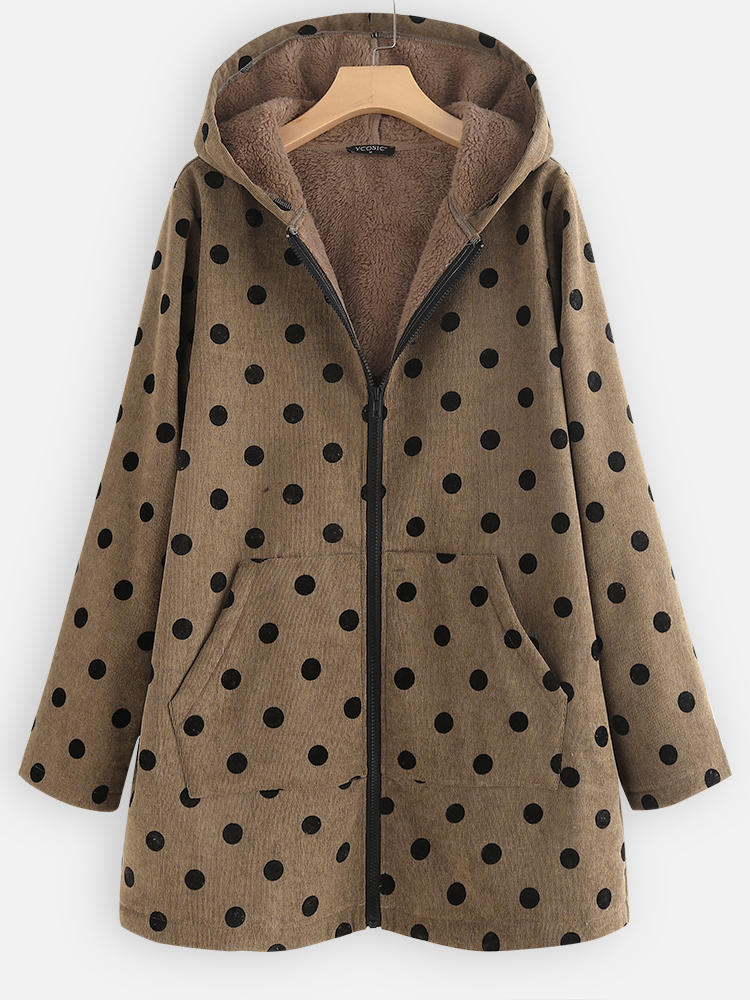 Women Fleece Polka Dots Corduroy Hooded Coats