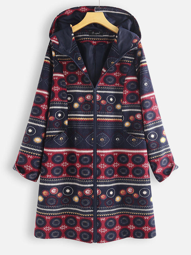 Ethnic Floral Print Long Sleeve Hooded Mid-long Coats