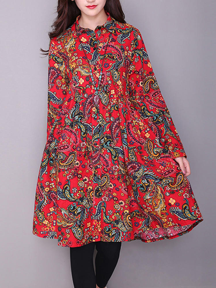 Floral Printed Turn-Down Collar Long Sleeve Loose Hem Chinese Style Women Coats