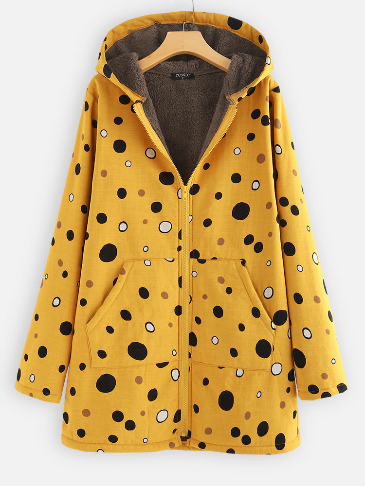 Print Polka Dots Pockets Quilted Fleece Hooded Coats